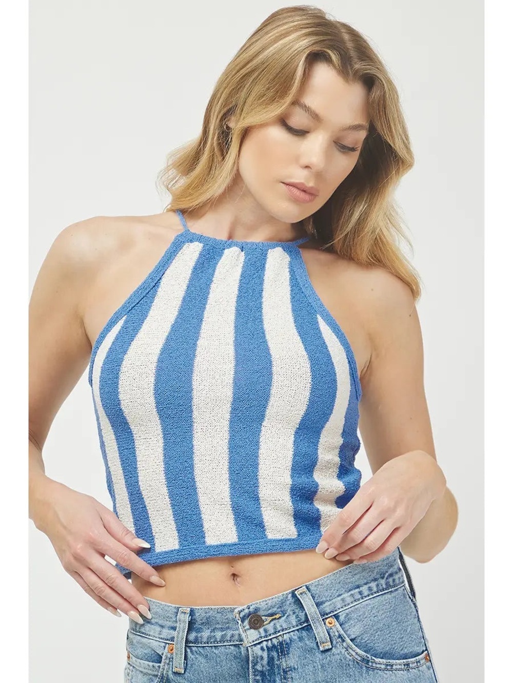 NWT Blue and White Striped Halter Crop Top - Sz Medium